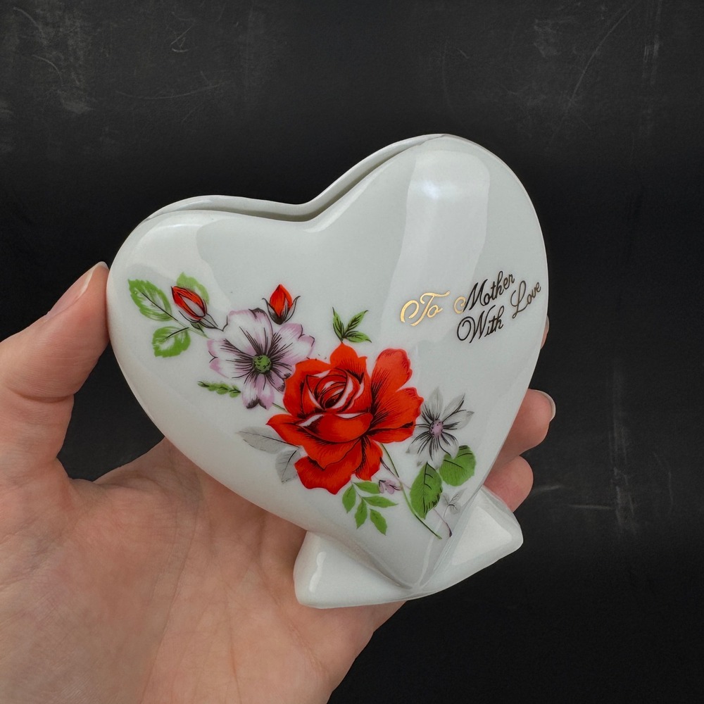 Vtg White Thin Ceramic Heart Shape Small Vase Gold To Mother with Love Roses